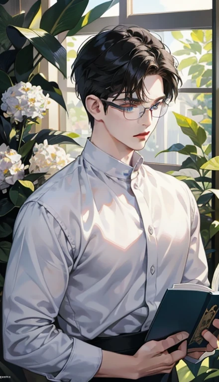1 boy,male,young people,pale boy,plant,flowers,Low screen contrast,high brightness,Black hair,Glasses,blue eyes,soft light lighting,soft focus,, anime big breasts, Impressionism, movie lighting, close up, ultra high definition, masterpiece, high detail,book