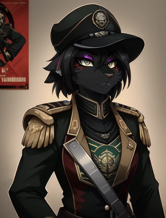 Warhammer_40 thousand_Commissar,((masterpiece)), (Best quality), (detailed), Black uniform, mascara, Eyeliner, eyeshadow, Upper body, pomade, женщина anthro furry tiger, Propaganda poster, wicked, bristle,
 (8k contract, masterpiece, Best quality, High quality, absurdity, ultra-detailed)