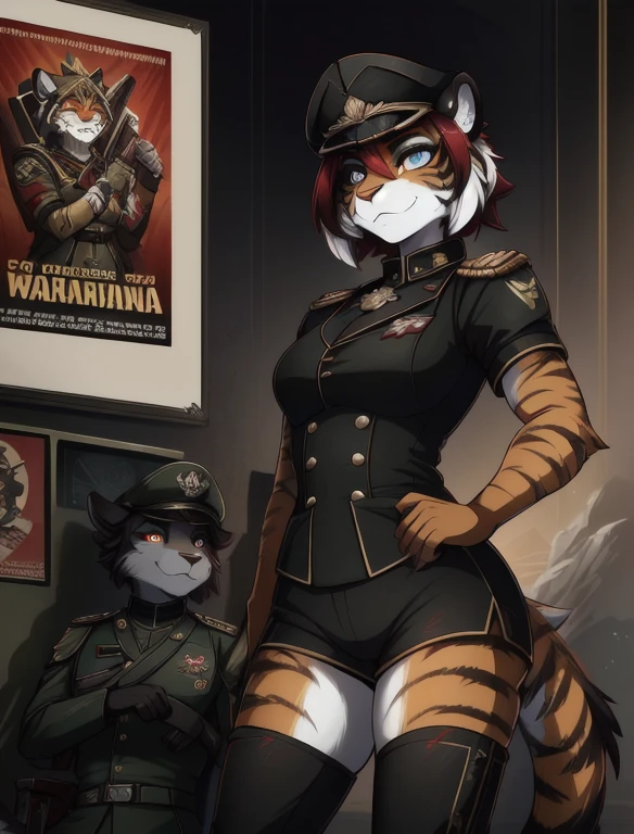 Warhammer_40 thousand_Commissar,((masterpiece)), (Best quality), (detailed), Black uniform, mascara, Eyeliner, eyeshadow, Upper body, pomade, женщина anthro furry tiger, Propaganda poster, wicked, bristle,
 (8k contract, masterpiece, Best quality, High quality, absurdity, ultra-detailed)