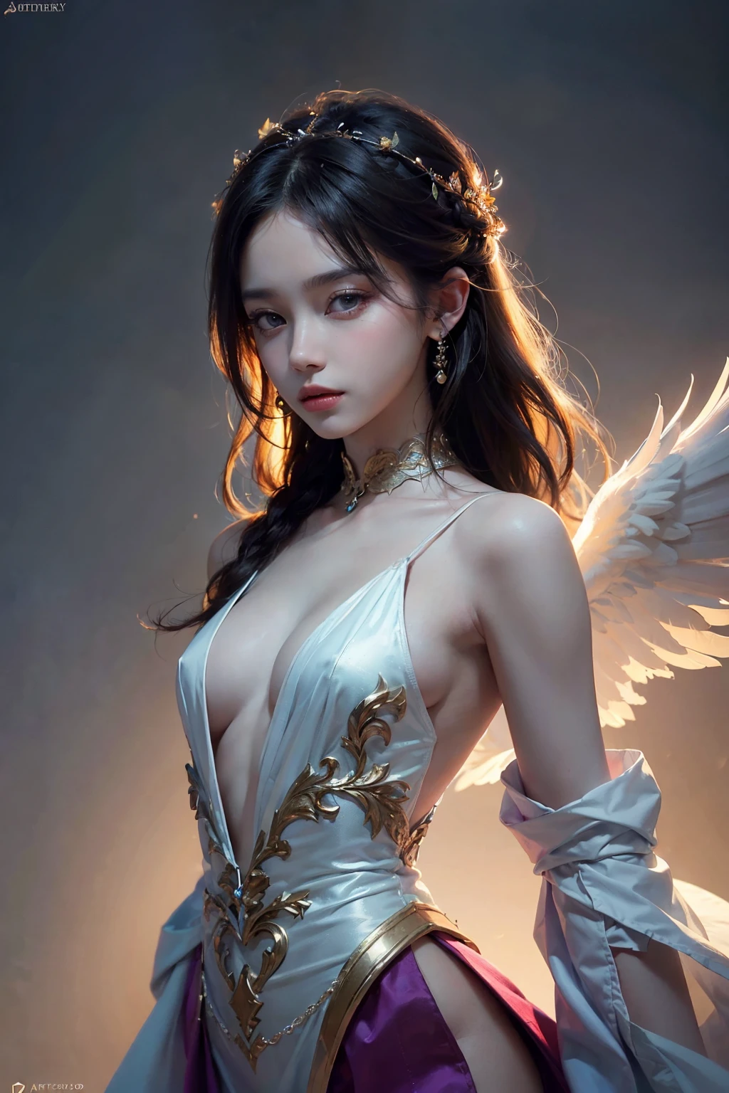 ((masterpiece)), ((best quality)), ((ultra-detailed)), ((an extremely delicate and beautiful)),cinematic light, Create a stunning fantasy artwork that mimics the style of currently trending masters of the genre. The art piece should contain elements of both mythic fantasy and fairytale fantasy with dreamy rainbow accents. ((Utilize the rainbow as the main color scheme.)) The character in the artwork is a delicate but strong figure with an aura of mystery and magic, Pay close attention to intricate facial features, such as mesmerizing eyes with vibrant colors and bold shading,The character's clothing should be designed with gossamer feathers, silk, stunning embroidery, dreamy colors, dynamic lighting,Consider the latest trends in fantasy art, such as incorporating unique lighting effects, exploring dynamic and compelling composition techniques, and experimenting with unique color palettes. Take inspiration from the top artists on ArtStation and Midjourney. Camera: Choose an angle that highlights the character's beauty and enhances the magical majesty of the artwork. Lighting: Utilize atmospheric lighting techniques to create depth and mood. Resolution: Aim for a high-resolution artwork to showcase intricate details and clarity. Art Inspirations: Seek inspiration from the trending artists on ArtStation, exploring different styles, genres, and themes.,The main girl is super beautiful,Are thin,Slim figure,Small Bust,Beautiful long and slender eyes,Korean Beautiful Girl,Genius Ballerina,Angel's messenger beautiful girl,Slim figure,The best ballerina expression,Eyes that stare intently at the other person,A transparent costume made of vinyl that reveals the flesh,Korean Beautiful Girl,The background is a sunrise or sunset on Earth,Beautiful Eyes,The belly button is exposed,Staring straight ahead,Eyes that look sincerely at the other person with love and enthusiasm,