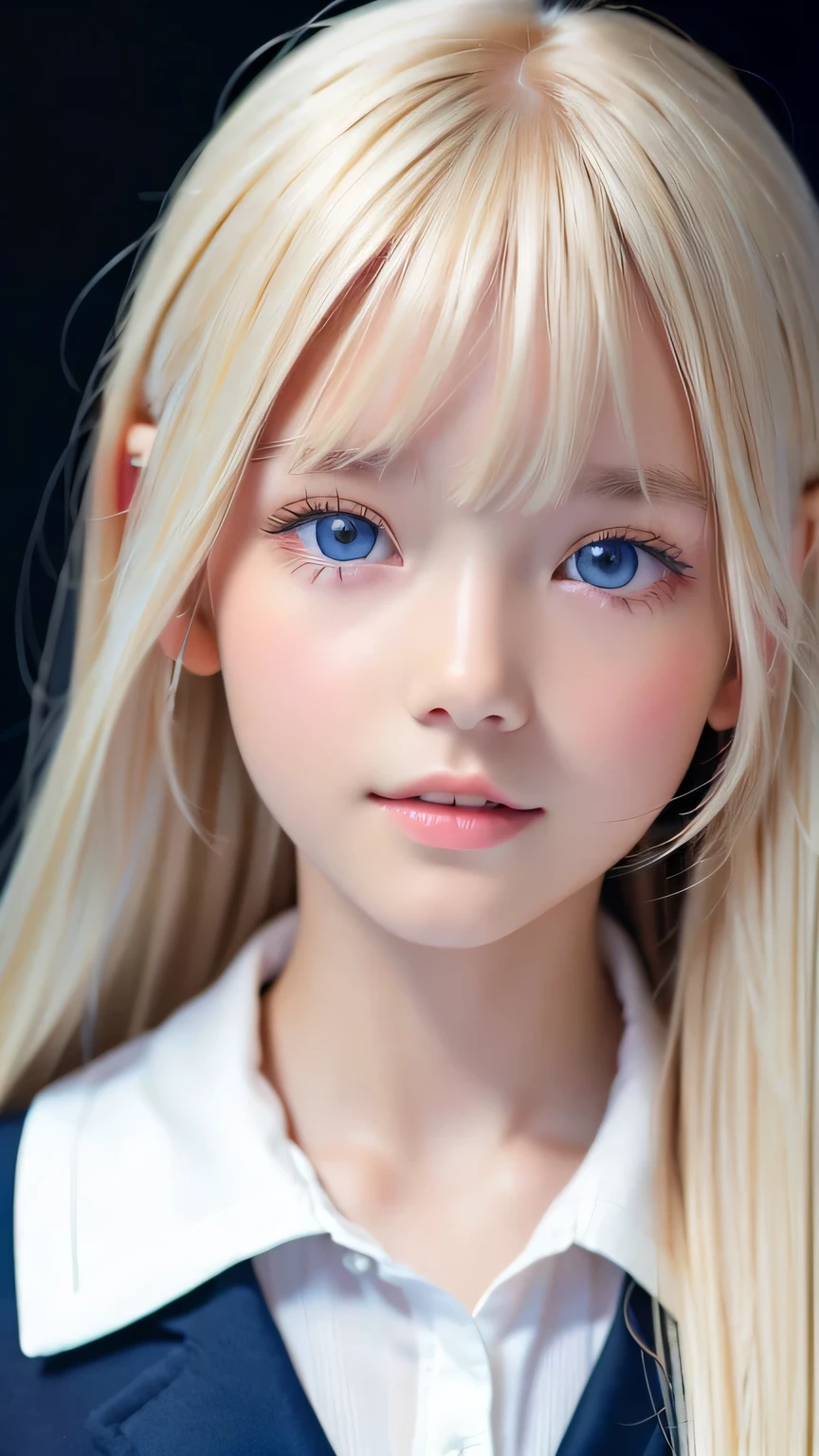Portrait、、Sailor suit、Young shiny glossy bright white skin、Blonde reflection、Super long platinum blonde hair with dazzling highlights、Bangs between the eyes、bangs that fall on the face、、Shiny bright hair,、Super long, silky straight hair、Shiny beautiful bangs、Sparkling crystal clear attractive big bright blue eyes、Very beautiful, lovely and cute 16 year old girl、Ample Bust、Healthy glowing skin、Small Face Beauty、Round face