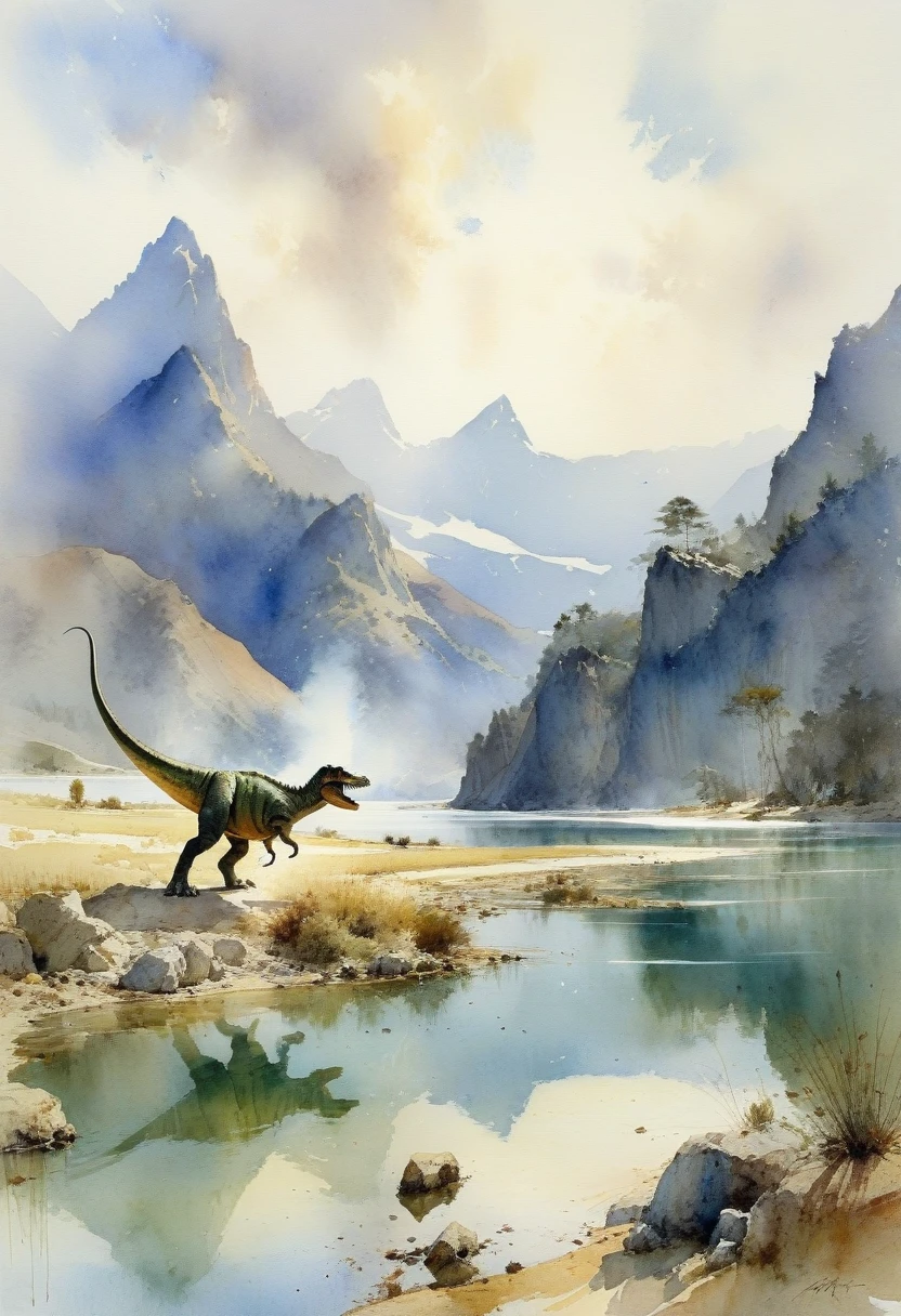 watercolor painting by Chien Chung Wei, beautiful lanscape of mountain and lake in dinosaur era, t-rex