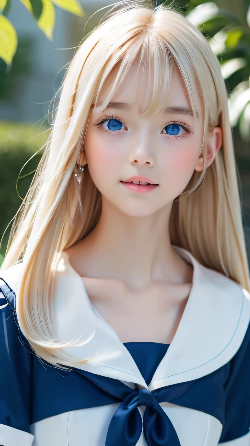 Portrait、、Sailor suit、Young shiny glossy bright white skin、Blonde reflection、Super long platinum blonde hair with dazzling highlights、Bangs between the eyes、bangs that fall on the face、、Shiny bright hair,、Super long, silky straight hair、Shiny beautiful bangs、Sparkling crystal clear attractive big bright blue eyes、Very beautiful, lovely and cute  girl、Ample Bust、Healthy glowing skin、Small Face Beauty、Round face