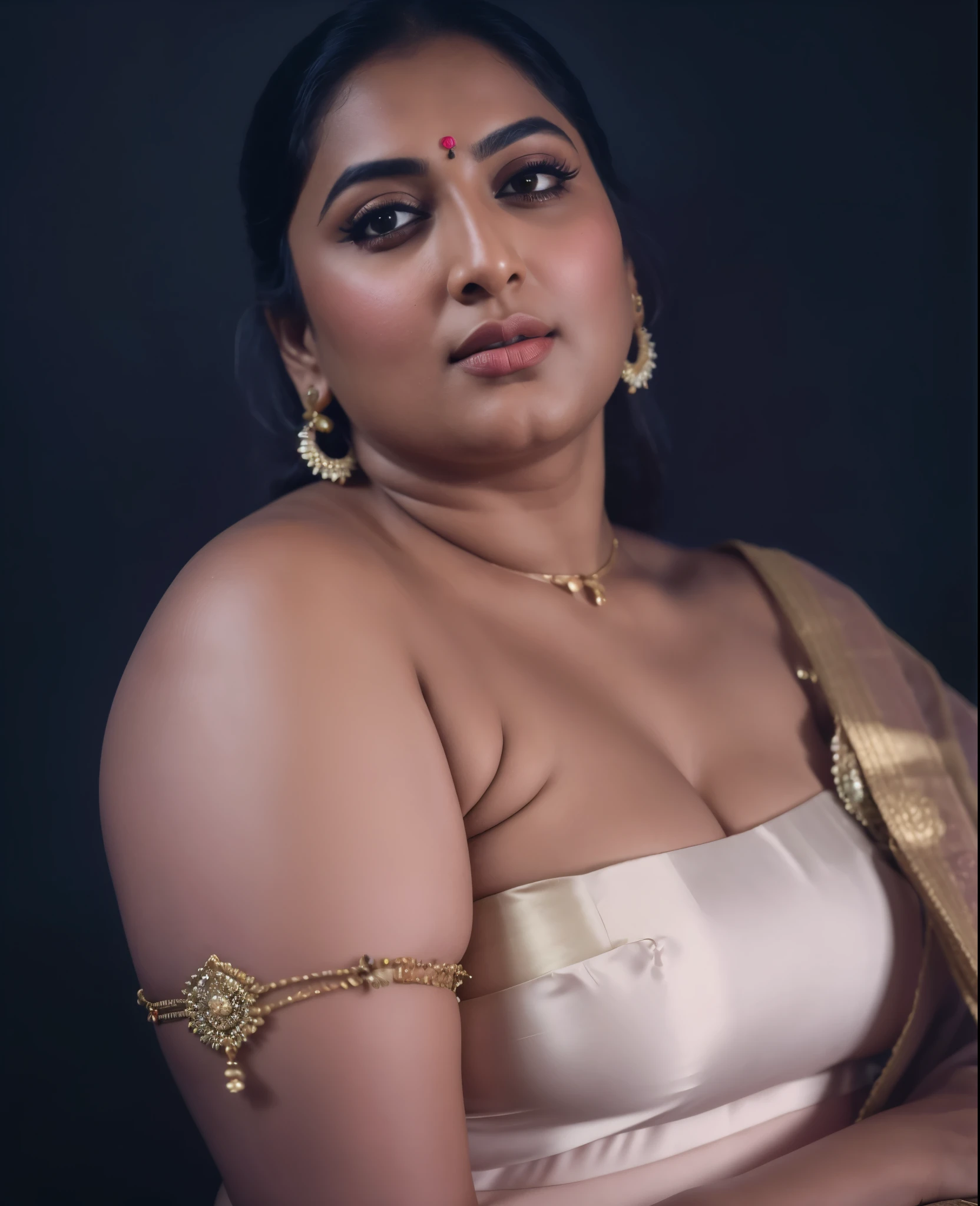 Foto RAW, photorealistic, photography, full body shot, master shot, perfect eyes, goddess like beauty, pierced eyes, perfect thick chubby mallu Desi aunty bhabhi, Wearing a Stanapatta, a chest-band.Saree model, model Photography, Indian saree shoot, Indian traditional wear advertising photography, traditional wear brand shoot, face of Indian actress Sonakshi Sinha, masterpiece, realistic, realism, incredible details,  pleasure, photorealism, detailed skin, skin pores, high contrast, photorealistic Artstation 8k HD digital art trend of high definition and detailed realistic skin texture, ultra detail, realistic skin texture, armature, best quality, ultra high definition, (photorealistic:1.4),, high resolution, detail, raw photo, sweat, Re sharp, by Lee Jefferies Nikon D850 Film Stock Photo 4 Kodak Portra 400 Camera F1.6 Lens Rich Color Ultra Real Realistic Realistic Textures Dramatic Lighting Unreal Engine Trending at Art Station Cinestill 800,(pele altamente detalhada: 1.2), 8k UHD, DSLR, soft-lighting, alta qualidade, grain of film, Fujifilm XT3,she didn't like to wear blouse or bra, she is happy to wear only saree, she hates blouse or bra, detailed hairy armpits, hyper realistic skin, skin pores, sweat, veins, 