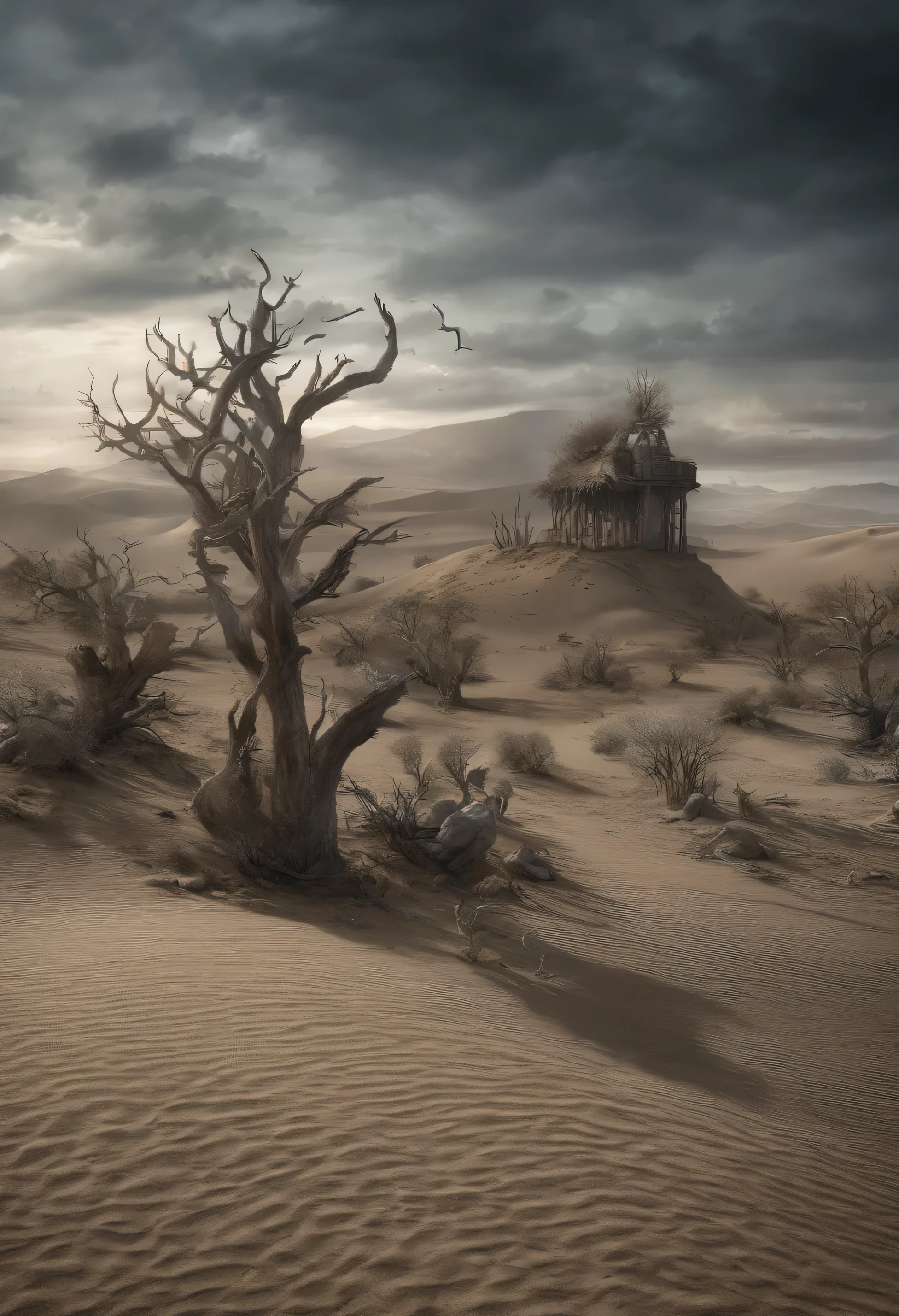 Quiero ver un paisaje surrealista, desert, con una paleta de colores opaca y obscura, uses colors like gray sand and spruce blue. Es un paisaje oscuro y nublado, hay formaciones rocosas que terminan en picos puntiagudos, que sea arte al estilo de dan seagrave. En algunas de las formaciones rocosas hay jaulas oxidadas con esqueletos o criaturas similares. Es un arte surreal, no es necesario hacerlo realista, Let's imagine a dystocic and desolate world (This will be a cover for a death metal music album), incluye dunas, un cielo nublado, luz muy tenue, un paisaje muy abierto y grande, las jaulas que cuelgan de los picos cuelgan por cadenas