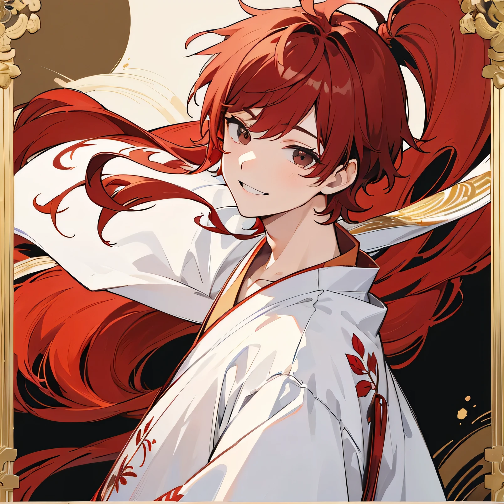 Boy with messy reddish hair, a little long, black eyes and defined features, calm look, smiling with traditional white yukata, embroidered gold and red details.