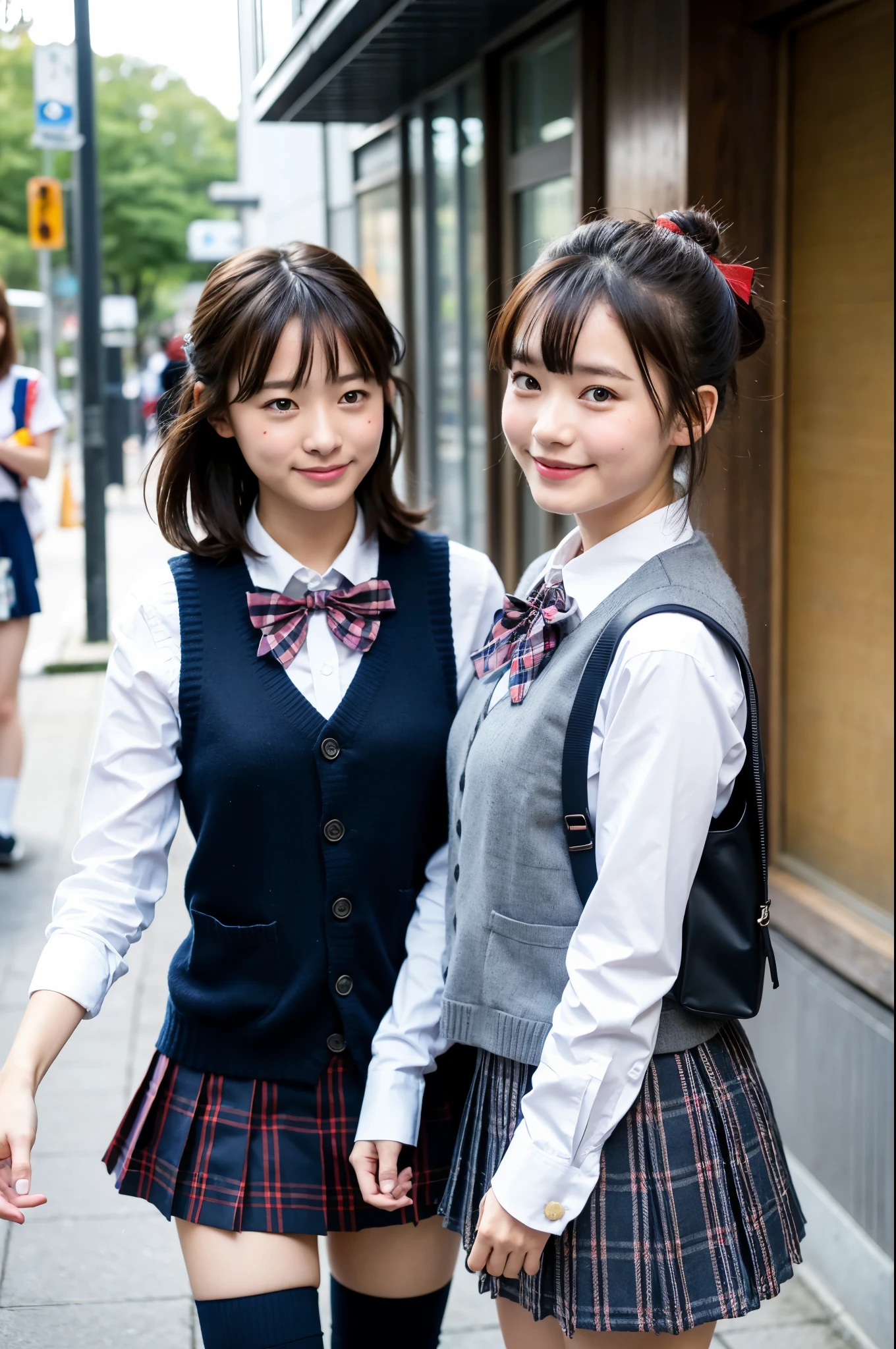2 girls walking in Japanese street,navy blue knitted vest over white shirt with red plaid bow tie,gray plaid pleated skirt,over-the-knee socks,school bag,18-year-old,bangs,a little smile,thighs,knees,short hair with barrette,from below,front light