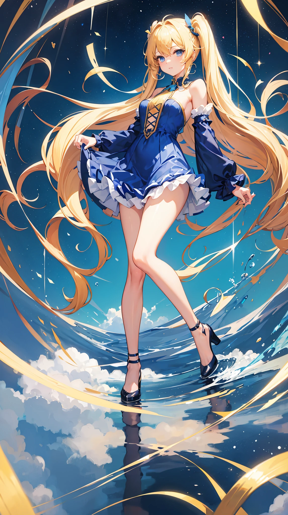 1girl, curly twintail hair, blonde hair, blue eyes, blue elegan dress, stocking, standing on one leg pose, with beautiful background