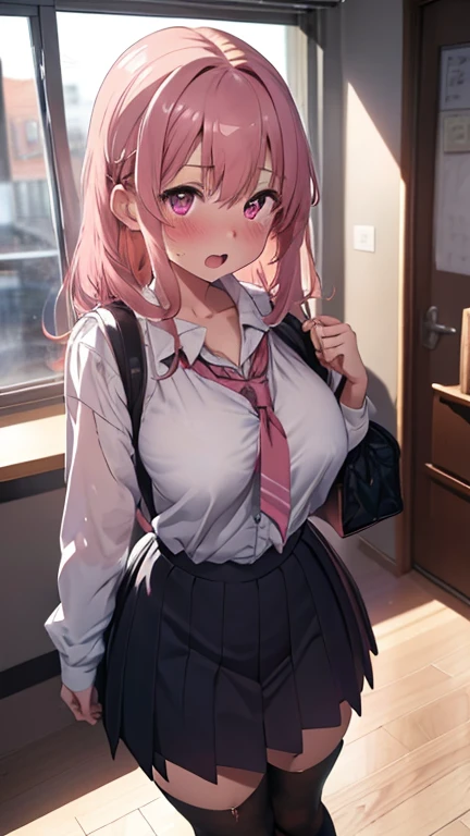 mastute piece,Best Quality,insanely detailed,8k cg,nsfw,
shoot upper body,(body in front:1.1),
1girl,standing,looking at viewer,Proudly、(upright:1.3),(school uniform),
break,blush,shy,(trembling:1.2),pink hair,(large breasts),(open mouth:0.9),(classroom),
