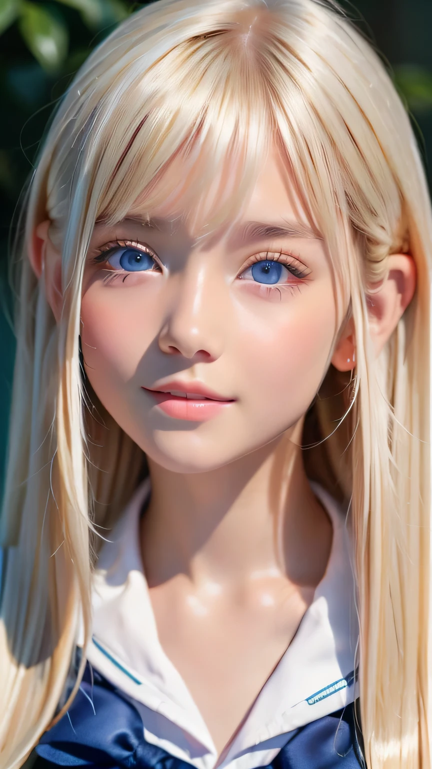 Portrait、、Sailor suit、Young shiny glossy bright white skin、Blonde reflection、Super long platinum blonde hair with dazzling highlights、Bangs between the eyes、bangs that fall on the face、、Shiny bright hair,、Super long, silky straight hair、Shiny beautiful bangs、Sparkling crystal clear attractive big bright blue eyes、Very big eyes、Very beautiful, lovely and cute 16 year old girl、Ample Bust、Healthy glowing skin、Small Face Beauty、Round face