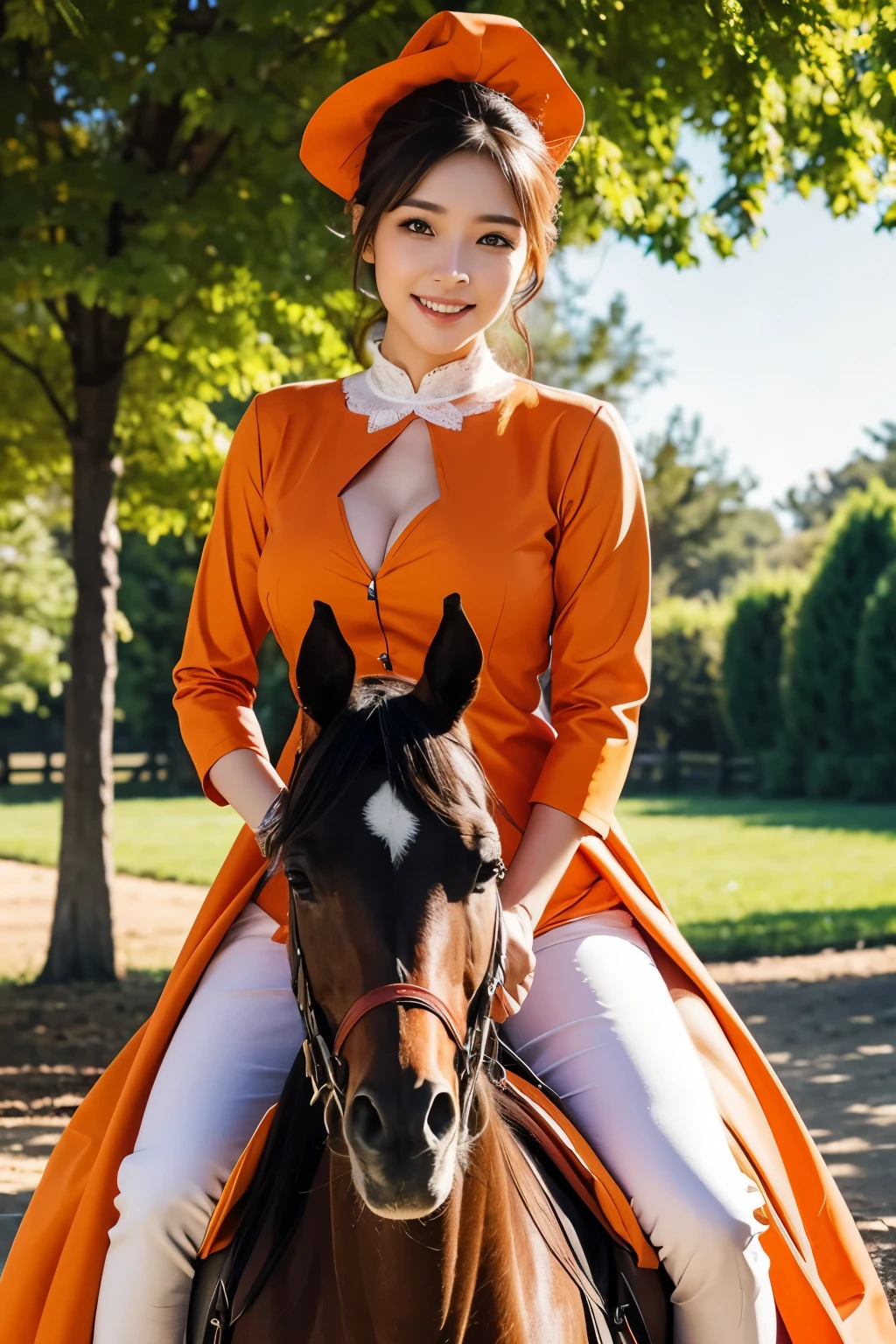 beautiful woman riding a horse, magazine pose, carrot colored costume,