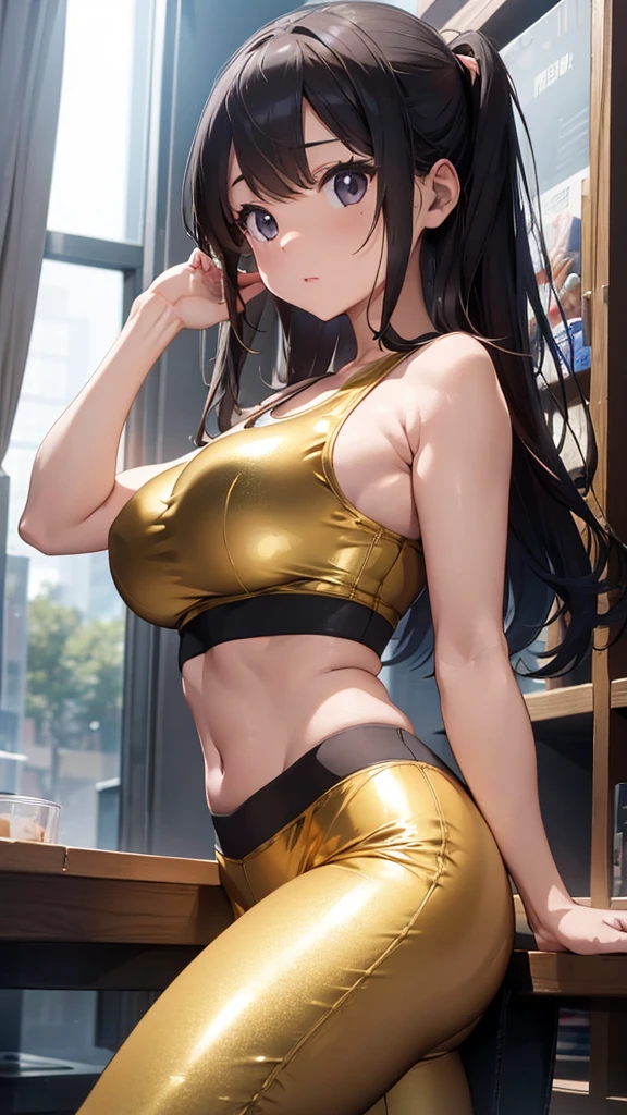 Realistic depiction、(infant:1.9)、Huge bust with smooth and shiny texture、Sports bra and metallic gold running pants