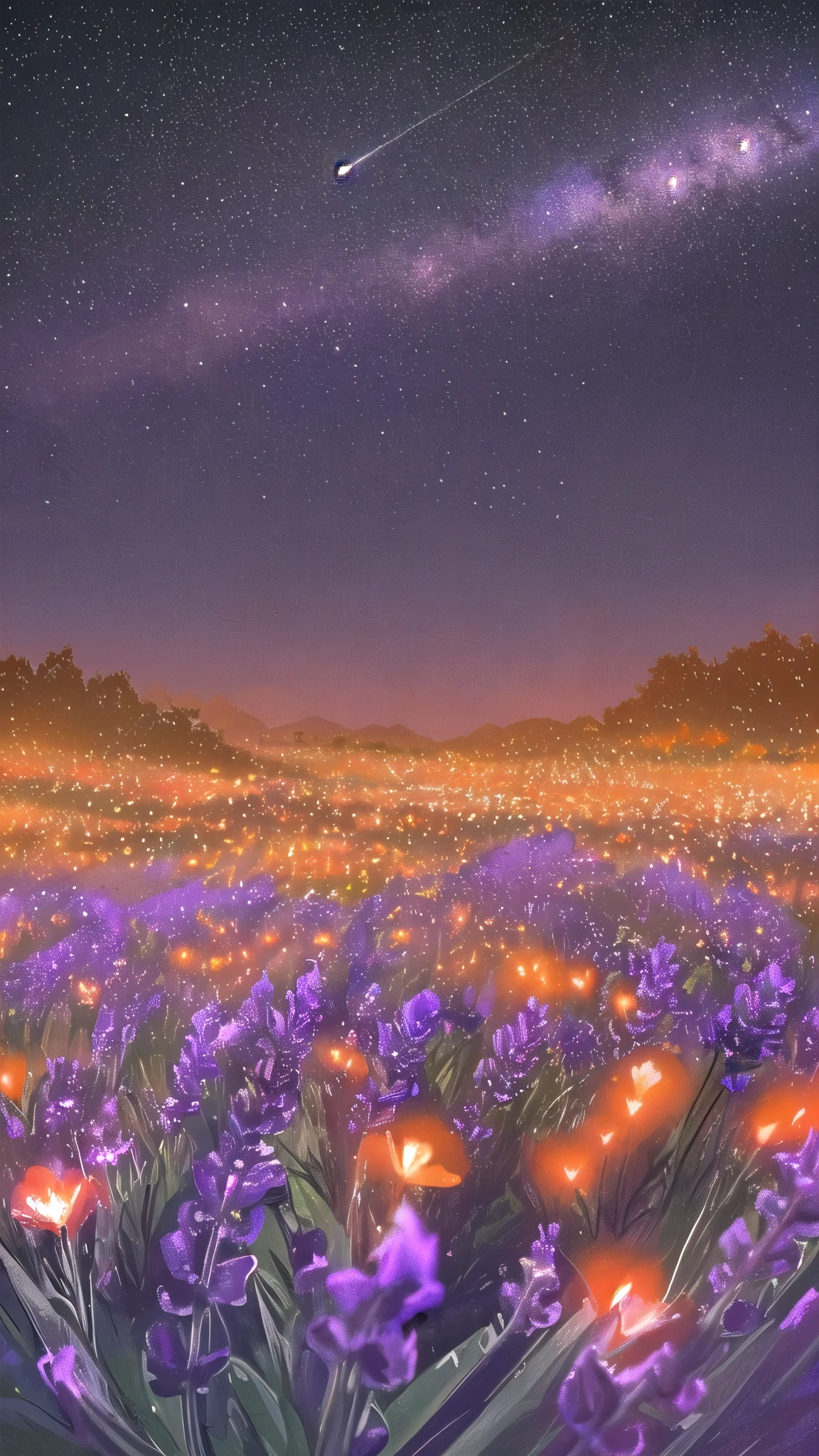 lavender flower garden scenery , background - nighttime with little birds flying in the sky , sky colour - orange and red but really dark night sky , Textured, graphic, masterpiece, top-quality , highly detailed