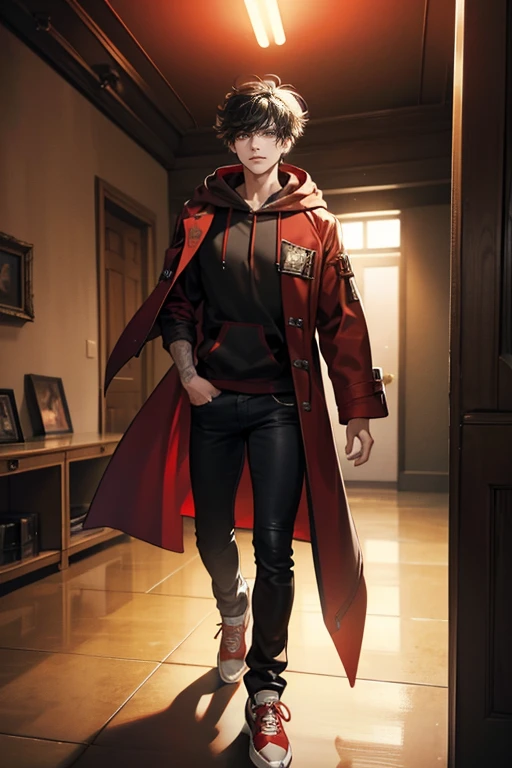 (tmasterpiece, high resolution, ultra - detailed:1.0), (1 boy, male), Eyes looking at the camera, Perfect male body, Delicate eyes and delicate face, Extremely detailed CG, 8K wallpaper, Complicated details, solo person, Detailed face,(Red jacket, Black hoodie, wind coat, long black jeans, Red sneakers, Evil smile, Straight black hair, Messy hair, jail cell, underground room), color difference, Depth of field, dramatic shadow, Ray tracing, Best quality, Cinematic lighting, offcial art, Portrait