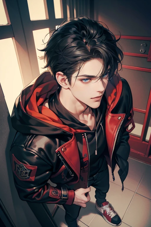 (tmasterpiece, high resolution, ultra - detailed:1.0), (1 boy, male), Eyes looking at the camera, Perfect male body, Delicate eyes and delicate face, Extremely detailed CG, 8K wallpaper, Complicated details, solo person, Detailed face,(Red jacket, Black hoodie, wind coat, long black jeans, Red sneakers, Evil smile, Straight black hair, Messy hair, jail cell, underground room), color difference, Depth of field, dramatic shadow, Ray tracing, Best quality, Cinematic lighting, offcial art, Portrait