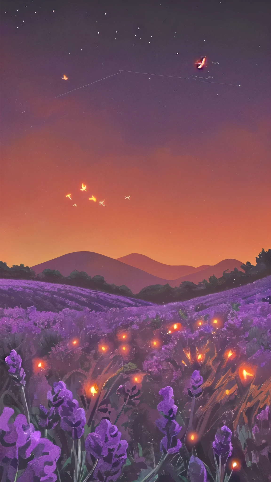 lavender flower garden scenery , background - nighttime with little birds flying in the sky , sky colour - orange and red  but really dark night sky  ,  Textured, graphic, masterpiece, top-quality , highly detailed 