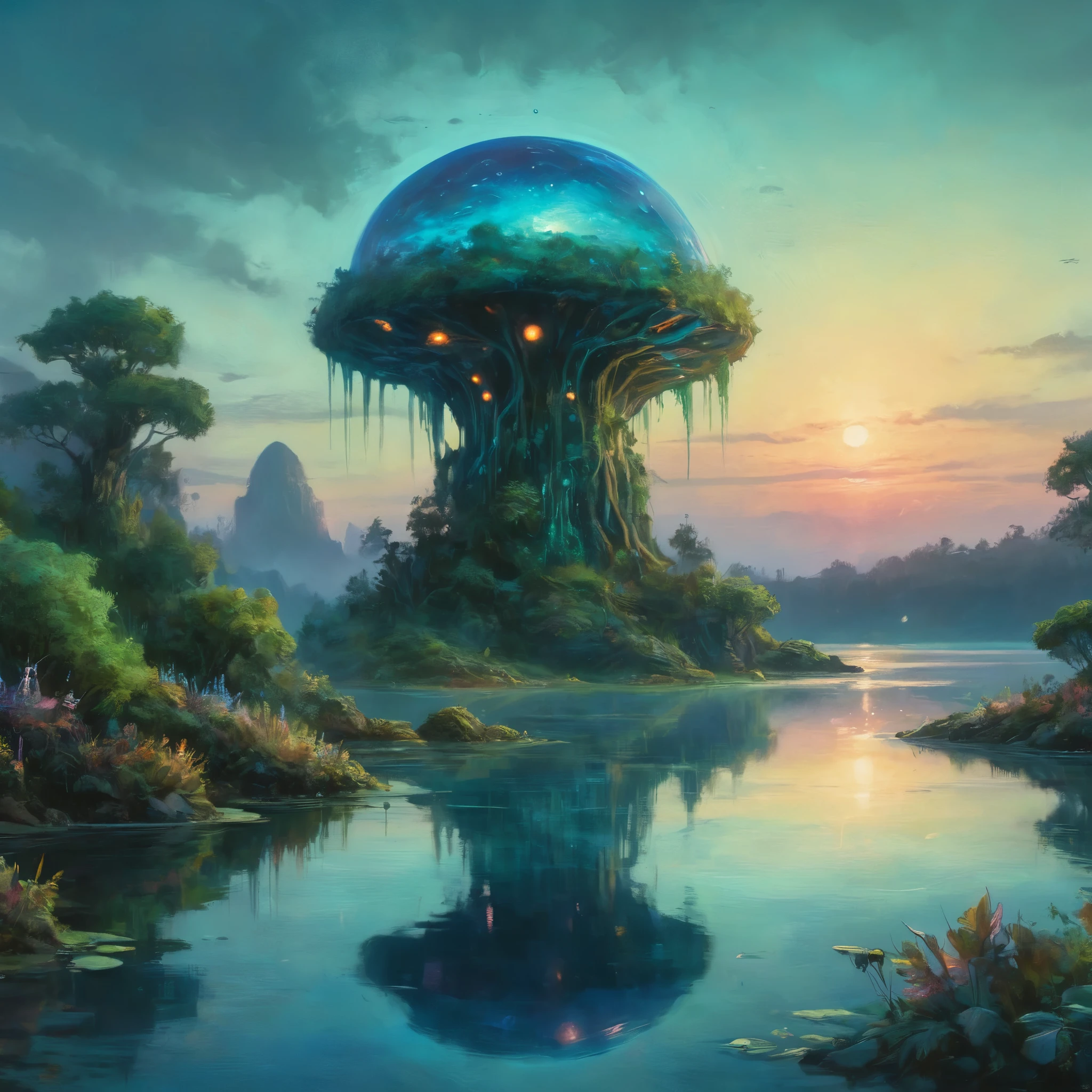 A vast alien fungoid world, bioluminescent structures, twilight, watercolor landscape, (best quality,4k,8k,highres,masterpiece:1.2),ultra-detailed,(realistic,photorealistic,photo-realistic:1.37),dramatic lighting,ethereal atmosphere,lush flora,vibrant colors,alien foliage,floating islands,tranquil lakes,reflections,fantasy art,cinematic composition,muted tones,dreamlike,mystical