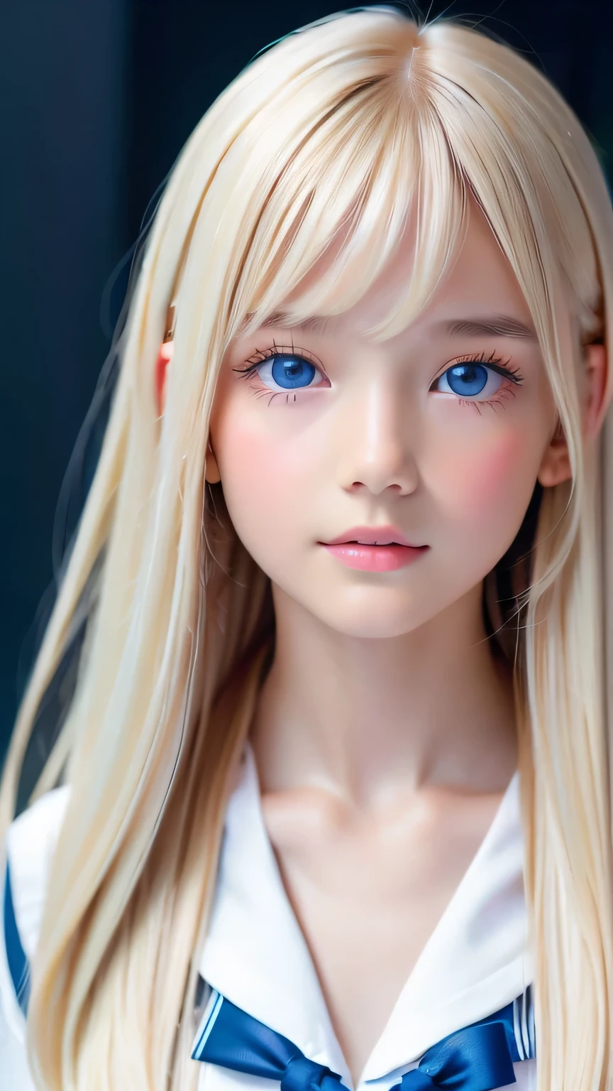 Portrait、、Sailor suit、Young shiny glossy bright white skin、Blonde reflection、Super long platinum blonde hair with dazzling highlights、Bangs between the eyes、bangs that fall on the face、、Shiny bright hair,、Super long, silky straight hair、Shiny beautiful bangs、Sparkling crystal clear attractive big bright blue eyes、Very big eyes、Very beautiful, lovely and cute 16 year old girl、Ample Bust、Healthy glowing skin、Small Face Beauty、Round face
