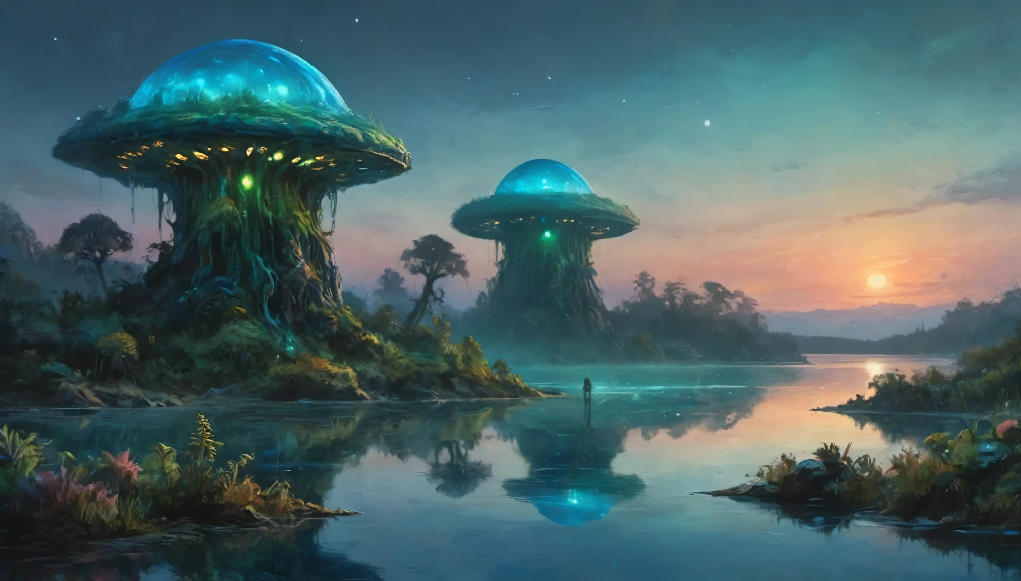 A vast alien fungoid world, bioluminescent structures, twilight, watercolor landscape, (best quality,4k,8k,highres,masterpiece:1.2),ultra-detailed,(realistic,photorealistic,photo-realistic:1.37),dramatic lighting,ethereal atmosphere,lush flora,vibrant colors,alien foliage,floating islands,tranquil lakes,reflections,fantasy art,cinematic composition,muted tones,dreamlike,mystical