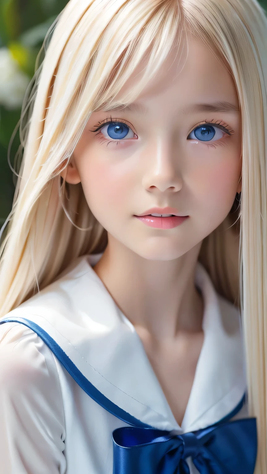 Portrait、、Sailor suit、Young shiny glossy bright white skin、Blonde reflection、Super long platinum blonde hair with dazzling highlights、Bangs between the eyes、bangs that fall on the face、、Shiny bright hair,、Super long, silky straight hair、Shiny beautiful bangs、Sparkling crystal clear attractive big bright blue eyes、Very big eyes、Very beautiful, lovely and cute 16 year old girl、Ample Bust、Healthy glowing skin、Small Face Beauty、Round face