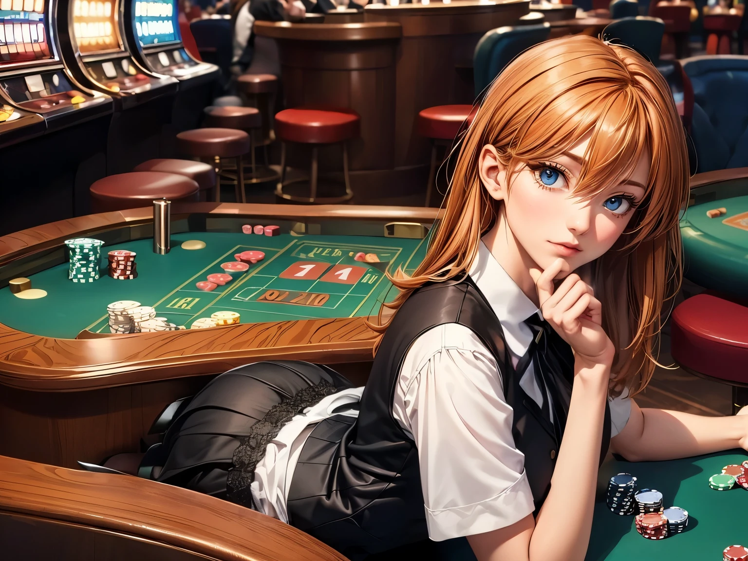 1 girl,《Neon Genesis Evangelion》Soryu Asuka Langley,((Black vest with white shirt) Black Tie), (Black skirt with black lace high heels), Fashion, Sexy,Orange Hair,Hair between the eyes,Red headdress,Sparkle blue eyes,long upper eyelashes, The most delicate eyes, Light makeup, Expression eyes, (Charming smile:0.8), (Masterpiece best quality:1.2) Beautifully illustrated and ultra-detailed, Medium breasts, Delicate face, High quality hair, Super detailed fingers,Super detail face, Perfect face, Super fine facial details, Beautiful and delicate eyes, Perfect eyes, correct limbs, (Correct finger), Super detailed fingers, best hair quality, best clothing quality, Best prop quality, Best background detail and quality, Anatomically correct, best quality, High resolution, The award-winning(Random Background,in casino,Casino VIP room, Modern Casino Console, Modern slot machines )