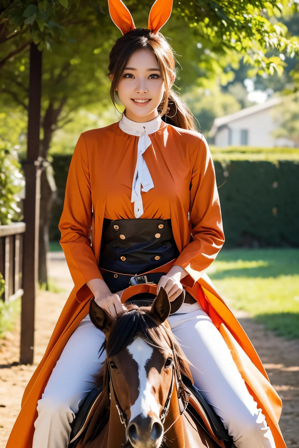 beautiful woman riding a horse, magazine pose, carrot colored costume,
