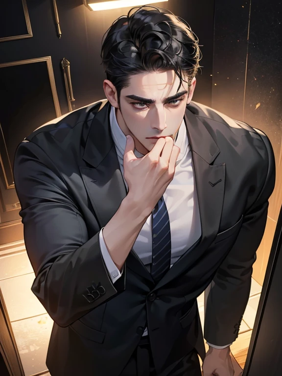 (best quality, masterpiece, 8K, photorealistic, cinematic lighting, hdr image, ultra detailed, beautiful image), 1 man, 31 years old, mature man, very handsome, (without expression, serious), short black hair, black eyes ( penetrating gaze), imposing posture, businessman, office background