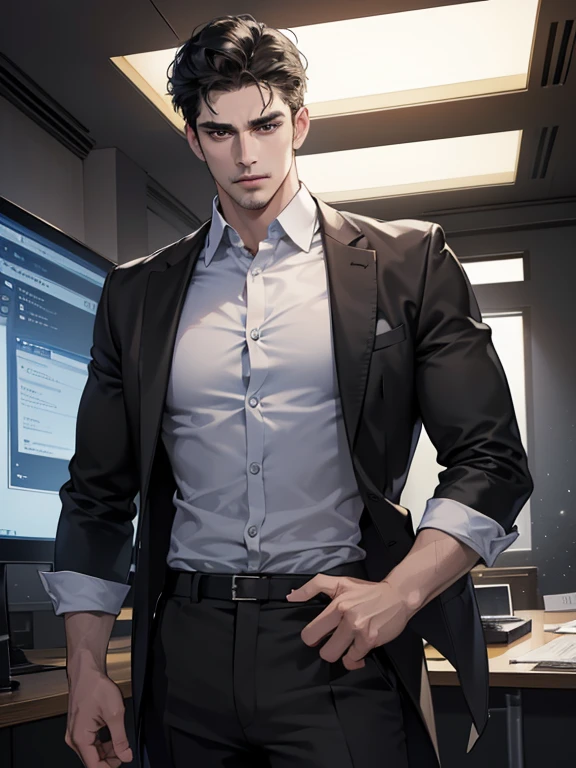 (best quality, masterpiece, 8K, photorealistic, cinematic lighting, hdr image, ultra detailed, beautiful image), 1 man, 31 years old, mature man, very handsome, (without expression, serious), short black hair, black eyes ( penetrating gaze), imposing posture, businessman, office background