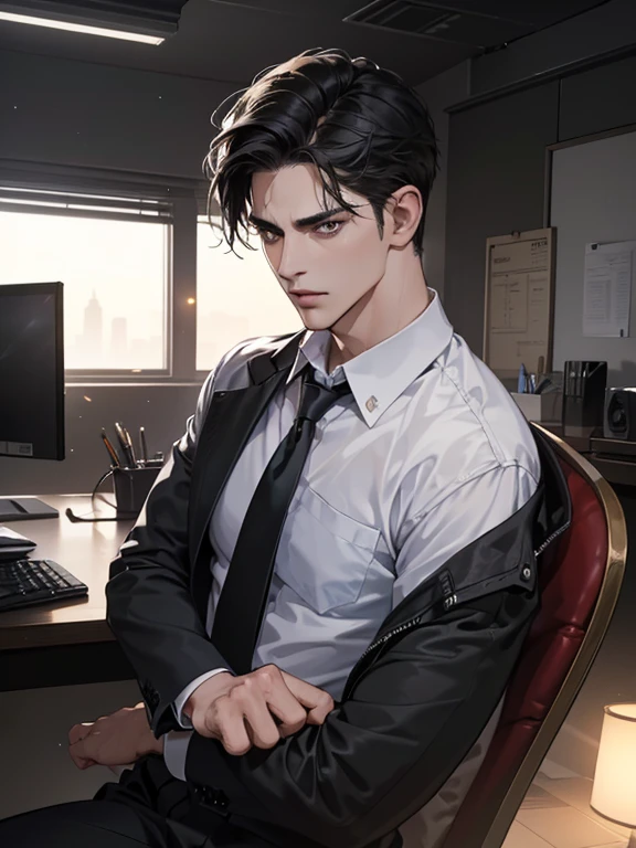 (best quality, masterpiece, 8K, photorealistic, cinematic lighting, hdr image, ultra detailed, beautiful image), 1 man, 31 years old, mature man, very handsome, (without expression, serious), short black hair, black eyes ( penetrating gaze), imposing posture, businessman, office background