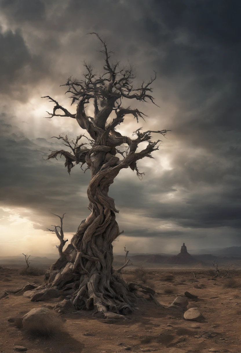 Quiero ver un paisaje surrealista, desierto, con una paleta de colores opaca y obscura, utiliza colores como arena gris y azul abeto. Es un paisaje oscuro y nublado, hay formaciones rocosas que terminan en picos puntiagudos, que sea arte al estilo de dan seagrave. En algunas de las formaciones rocosas hay jaulas oxidadas con esqueletos o criaturas similares. Es un arte surreal, no es necesario hacerlo realista, Dejar&#39;Let&#39;s imagine a dystocic and desolate world. (This will be the cover of a death metal music album.), incluye dunas, un cielo nublado, luz muy tenue, un paisaje muy abierto y grande, las jaulas que cuelgan de los picos cuelgan por cadenas. (cold sky outside, cold and cloudy sky, desierto, apocalyptic landscape.) un cuerpo (esqueleto) hanging from the neck of the tree 