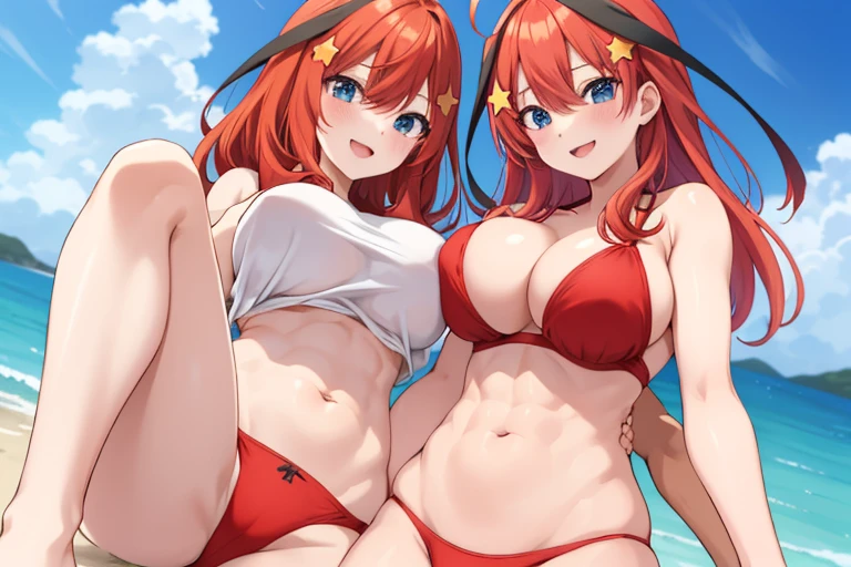 2d, masterpiece, best quality, anime, highly detailed, 5 girl, photo of 5 girl, quintuplets, nakano itsuki, red hair, long hair, star hair ornament, ahoge, large breasts, spa, red bikini, outdoors, smile, sexy body, perfect body, abs muscular, belly button, side breasts, back of thigh, breast size comparison, breast fight, breasts pressing, breasts pressed together, pairing a character with their own self, underboob, lots of breasts, breast sumo, full body, sandwich girls, sandwiched, symmetrical docking