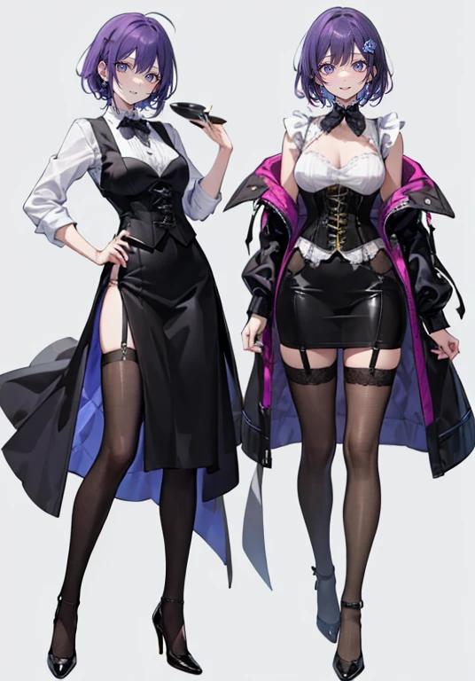 Purple hair,Short hair,Adult female,Bartender,((Body harness)),(black vest),((Rolling up your sleeves shirt)),(Corset),High heels,((Simple background)),Smile,((Full body)),((whole body)),Character Sheet,