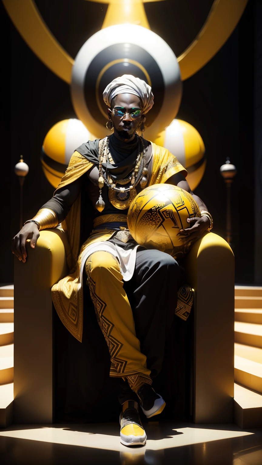 An African man dressed in African clothes sitting on a yellow sphere in a black and white room, black and white room with abstract shapes and stairs, with iridescent light, highly detailed images, vibrant beautiful colours, photorealistic image, 8k, ultra HD, unreal engine rendered, cinematic lighting, artgerm style,