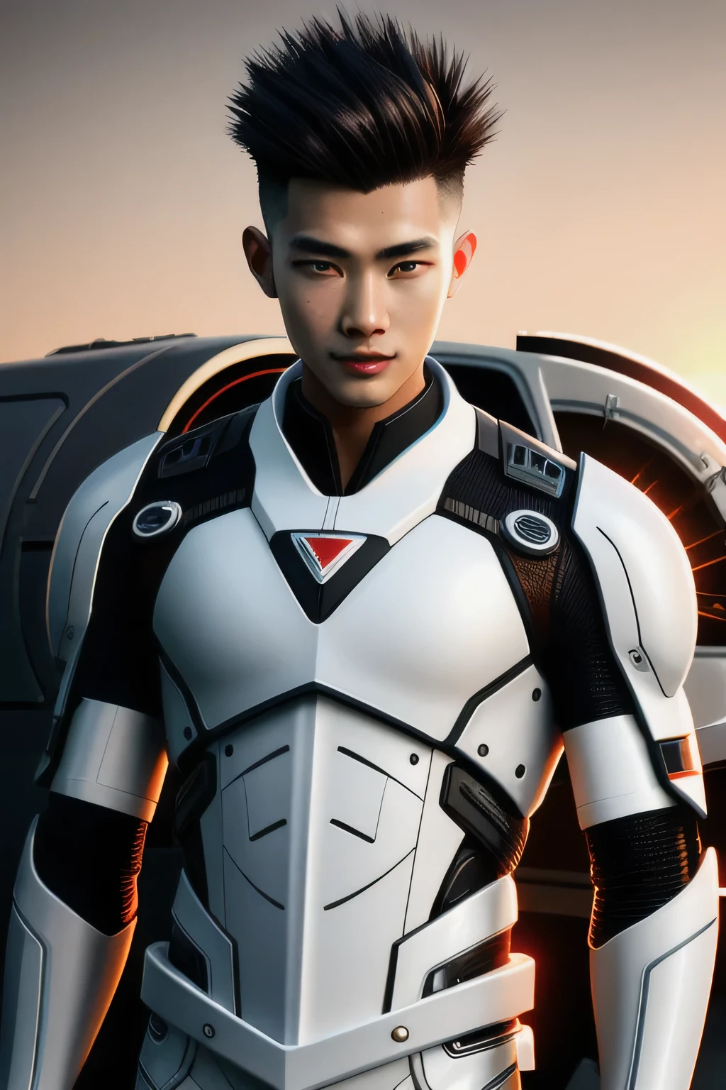 a 20 year old man with coffee complexion, chinese hairstyle, wearing white cybernetic machine suit, white pilot helmet with black stripes, spilling over suit, intricate details, hyper realistic, 8k, 3d, photorealistic, cinematic dramatic lighting, science fiction, concept art, abandoned old car, sunrise background