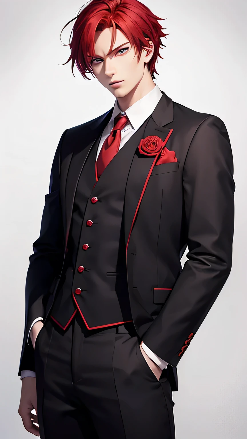 Anime style red hair man and vest image, Clear facial features, Big red eyes, The exquisite prince, Beautiful prince, Hands in pockets, Side posture, Body proportions, The handsome guy in Demon Slayer, Cool anime poses, Well-dressed Nightmare, black and red suit, red scales on back, Crimson clothing, Red and black suit