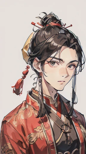 Ancient Chinese、Men in ancient Chinese costumes、intelligent man、Looking into the camera、Upper Body、The topknot on the head is wrapped in embroidered cloth.、solid