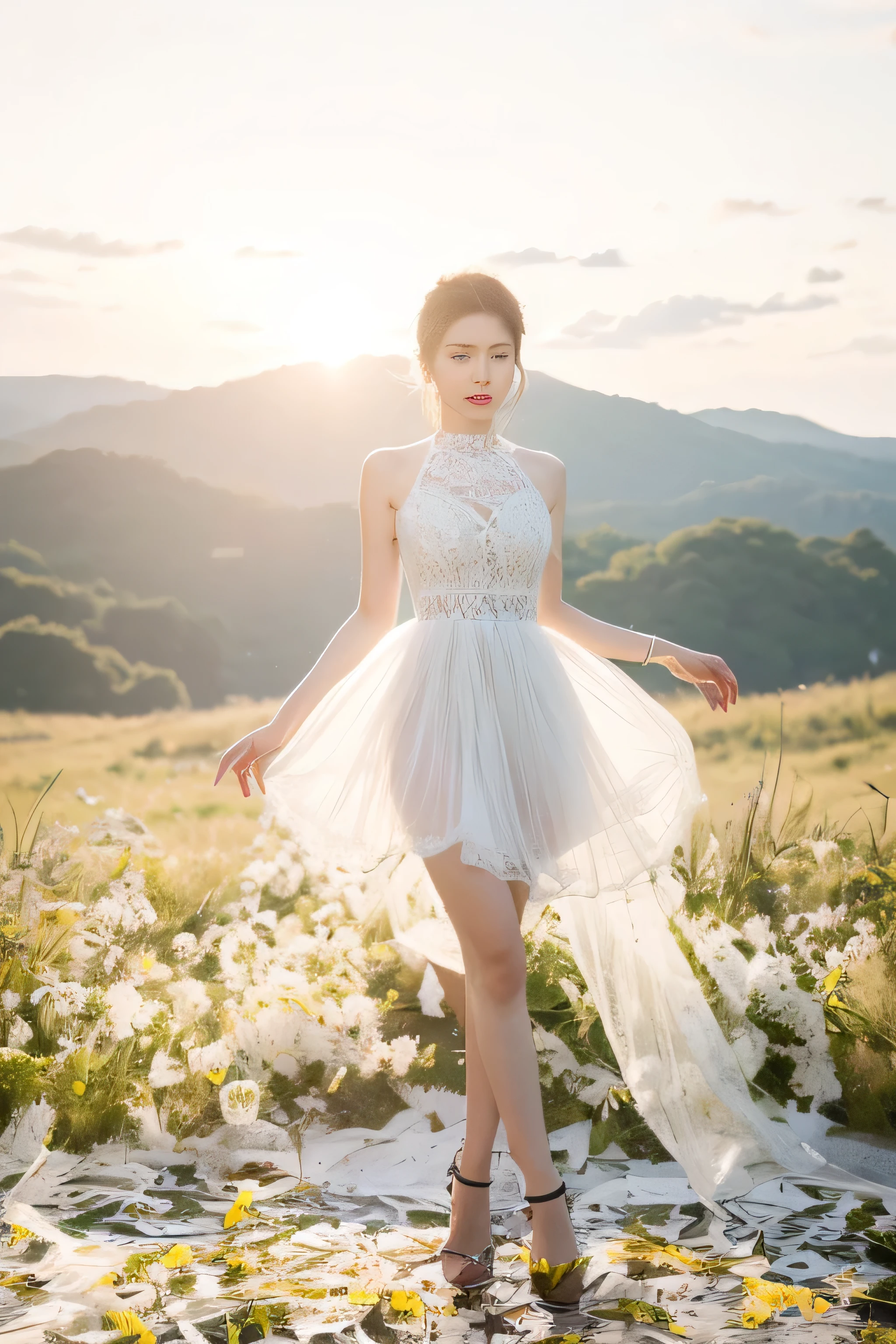(Highly detailed body,Highly detailed face,Best quality at best:1.2) ,A woman who is,(Dandelions flutter in the wind in the background),a Korean girl,HD photo effects,Artistic photos,lacy white dress,Long black hair,beautiful face,No bra。
