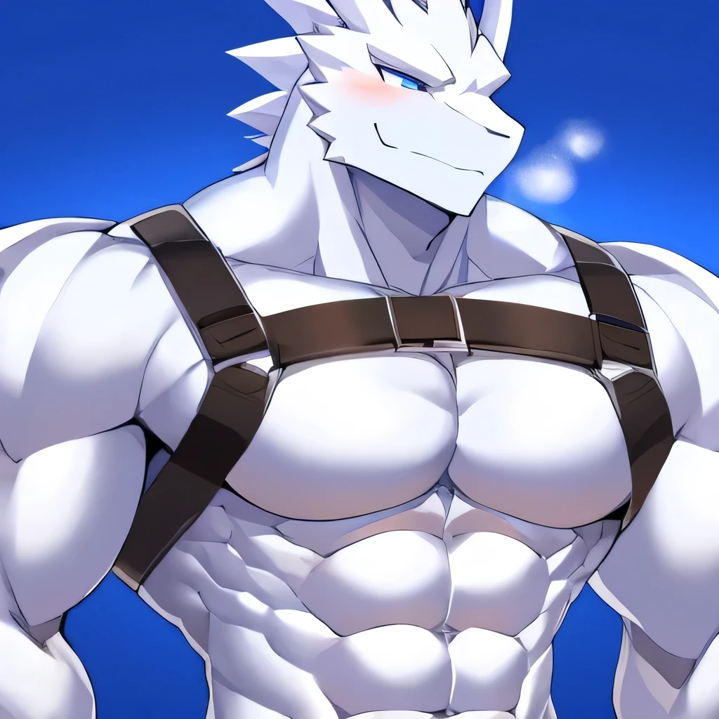 Thin macho white dragon abs Hollow abs thick arms chest rig 、sweaty skin glow profile Wearily short of breath clenching one's back teeth Knees on the floor rubber suit