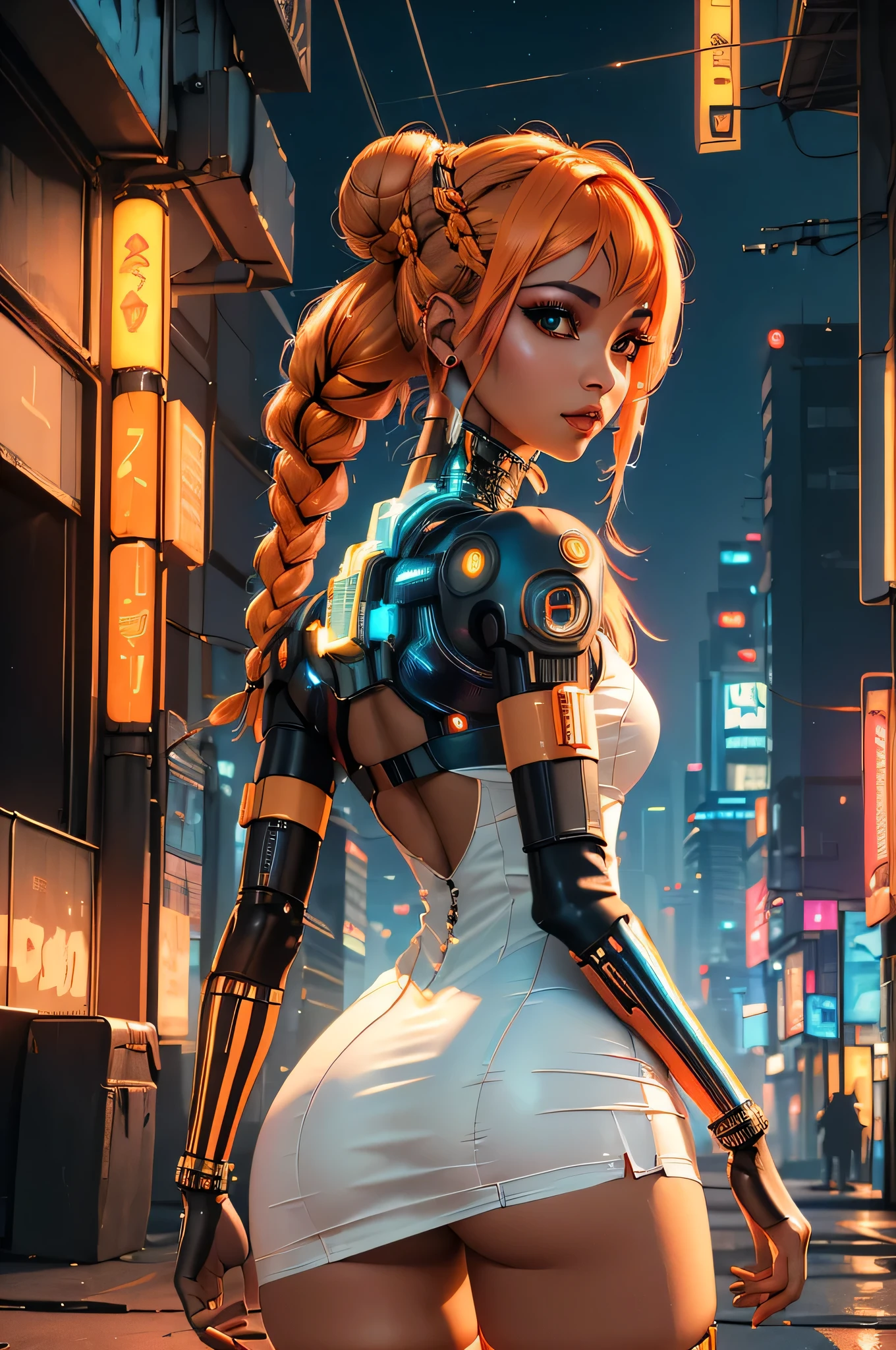 (masterpiece:1.3), (best quality:1.3), ultra realistic, close up face portrait,
(cyberpunk, science fiction, future city, at night),
(gorgeous skinny) Egyptian (cyber punk girl:1.2), Sunset orange short braided bun, skimpy Ivory latex pelvic curtain dress,
