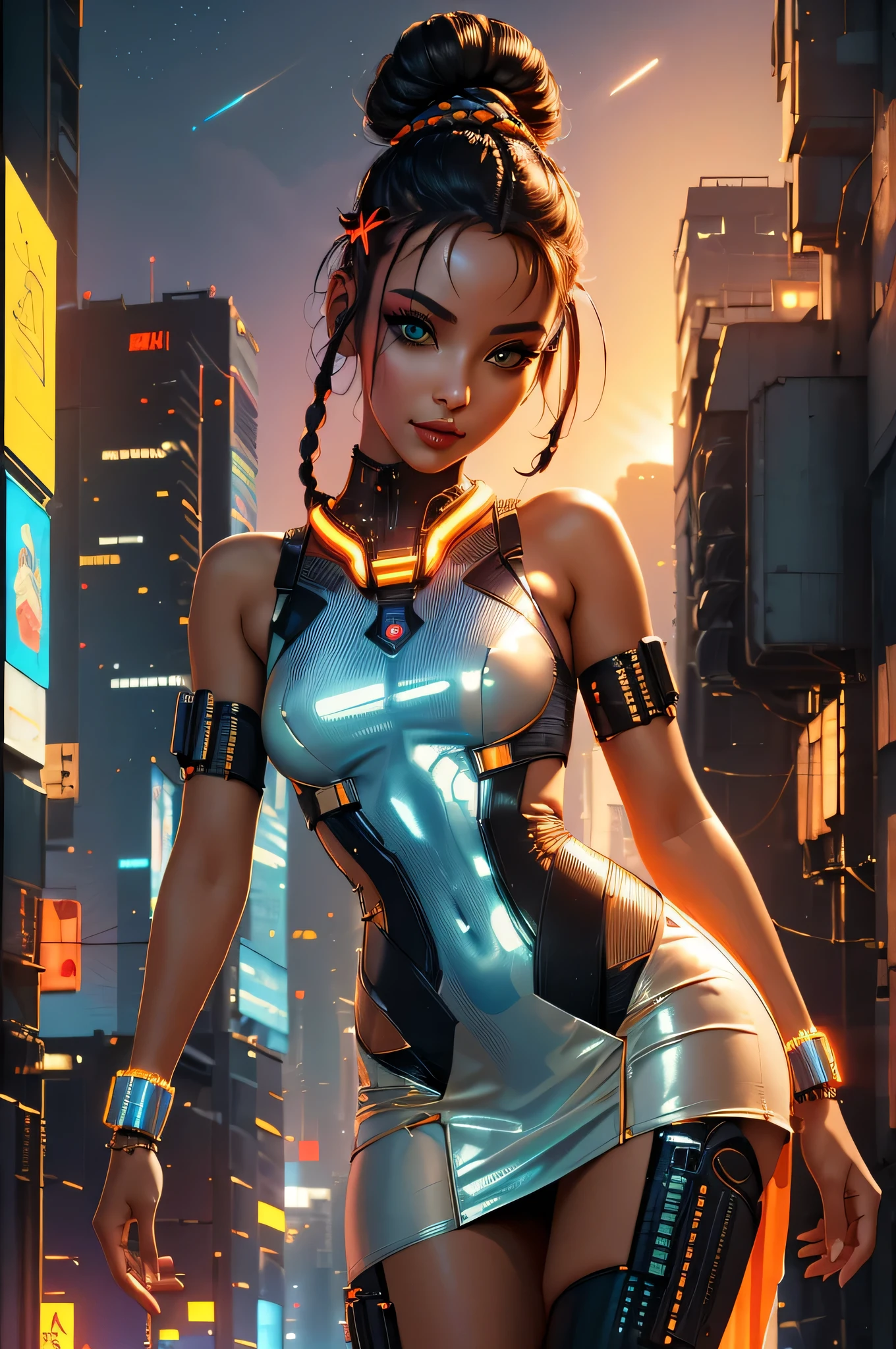 (masterpiece:1.3), (best quality:1.3), ultra realistic, close up face portrait,
(cyberpunk, science fiction, future city, at night),
(gorgeous skinny) Egyptian (cyber punk girl:1.2), Sunset orange short braided bun, skimpy Ivory latex pelvic curtain dress,

