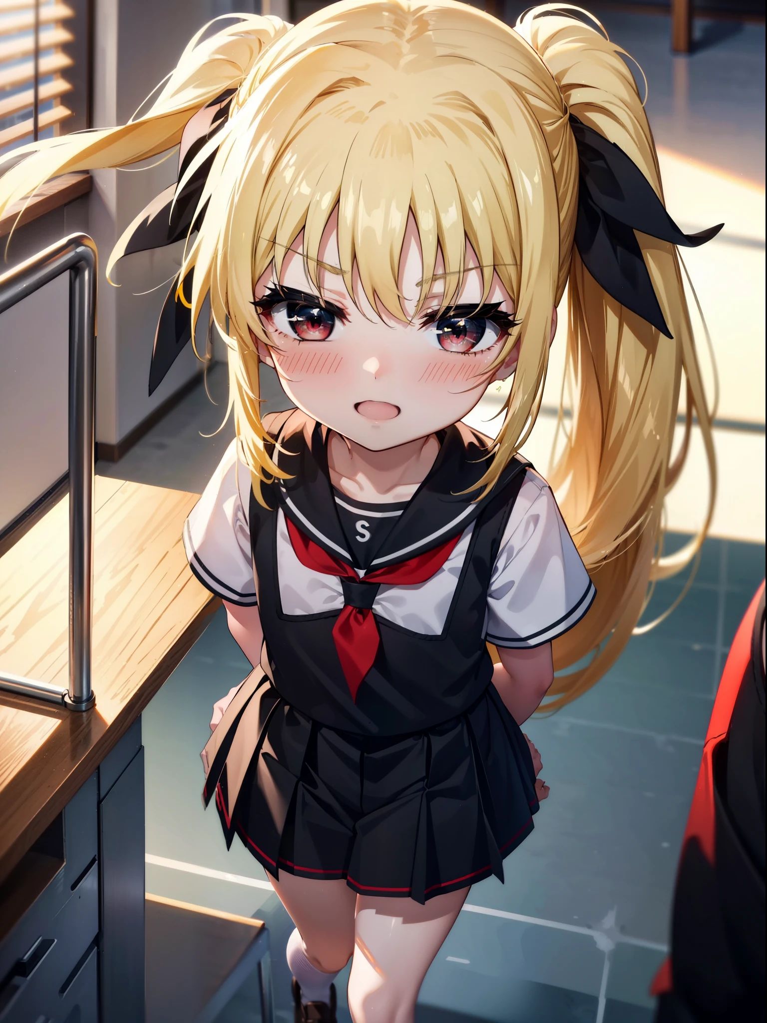 Face Testarossa, Build a Testarossa, Long Hair, Blonde Hair, (Red eyes:1.3),  Hair Ribbon,ponytail,blush,
happy smile, smile, Open your mouth,Japan High School Girl(Black sailor suit),Short sleeve,Black pleated skirt,White pantyhose,Brown loafers,Walking,So that the whole body goes into the illustration,Daytime,Clear skies,
break looking at viewer,全身
break indoors,School,corridor,
break (masterpiece:1.2), highest quality, High resolution, unity 8k wallpaper, (figure:0.8), (Beautiful fine details:1.6), Highly detailed face, Perfect lighting, Highly detailed CG, (Perfect hands, Perfect Anatomy),