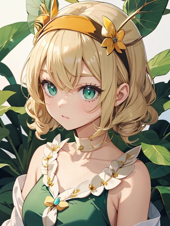 1woman、ハニーとシアバターの石鹸の転生体woman、Highly detailed skin textures、green big eyes、Sparkling eyes、Thin eyebrows、round face、Healthy bright make-up、Very delicate blonde hair、Curly Hair、Very short hair、Characterized by Honey and Shea Butter Soap、Close-up shot、headband with bee antennae、Honey pod