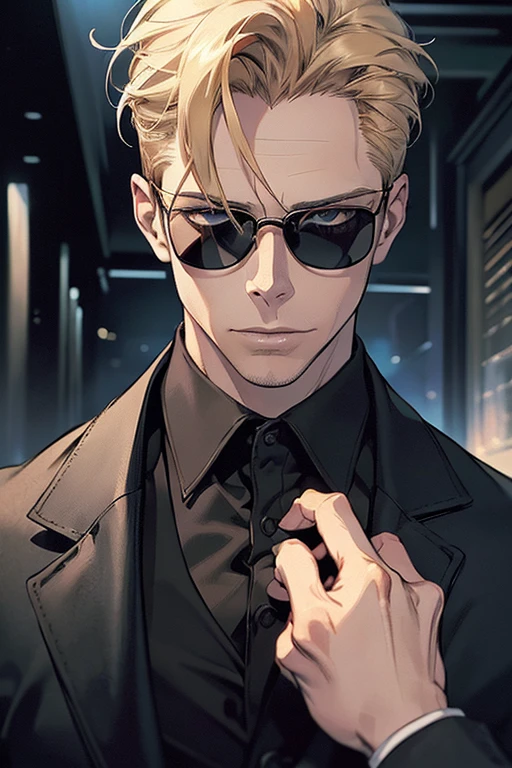 ((best quality)), ((masterpiece)), (detailed) fan art of evil blond man (Guy Pearce) in a pitch black suit emerging from the shadows, blond ((Guy Pearce)) stepping into the light towards the camera, Guy Pearce, the matrix (1999), square sunglasses, night, 80mm, ((western animation)), (Albert Wesker), (short hair), (extreme closeup)