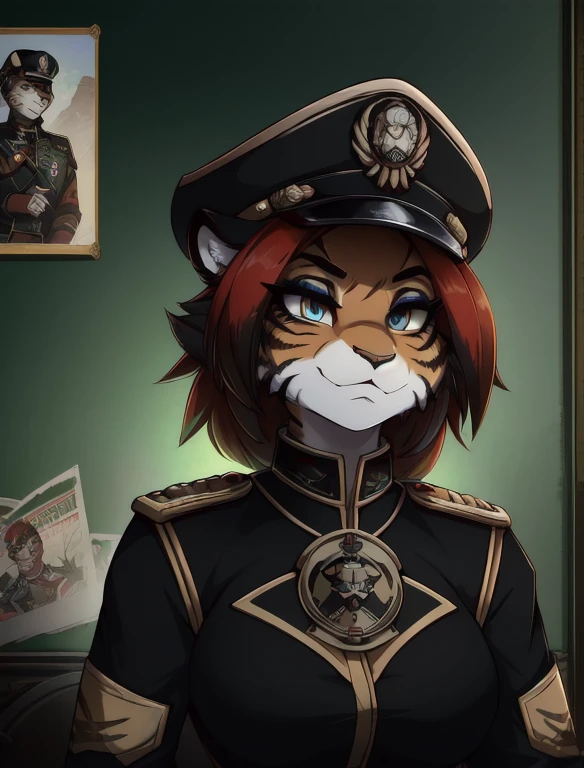 Warhammer_40 thousand_Commissar,((masterpiece)), (Best quality), (detailed), Black uniform, mascara, Eyeliner, eyeshadow, Upper body, pomade, женщина anthro furry tiger, Propaganda poster, wicked, bristle,
 (8k contract, masterpiece, Best quality, High quality, absurdity, ultra-detailed)