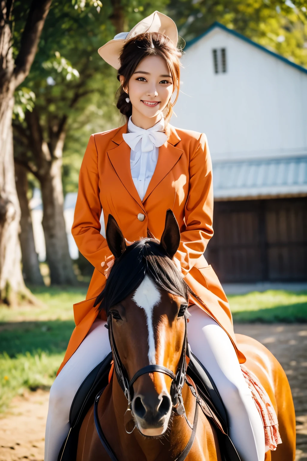 beautiful woman riding a horse, magazine pose, carrot colored costume,