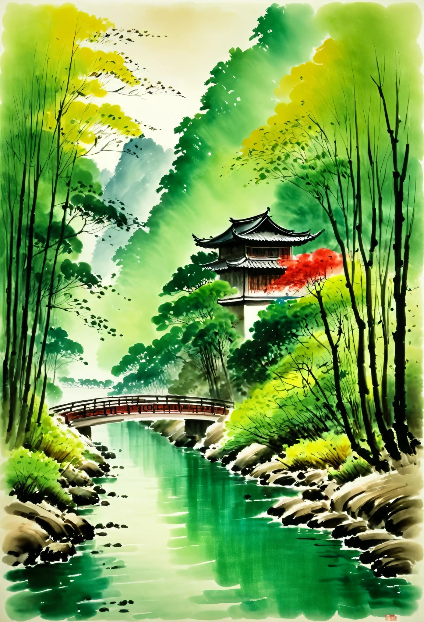 watercolor,great masterpiece by qi baishi,extreme long shot,bridge,creek,depth of the forest,small house,soft light