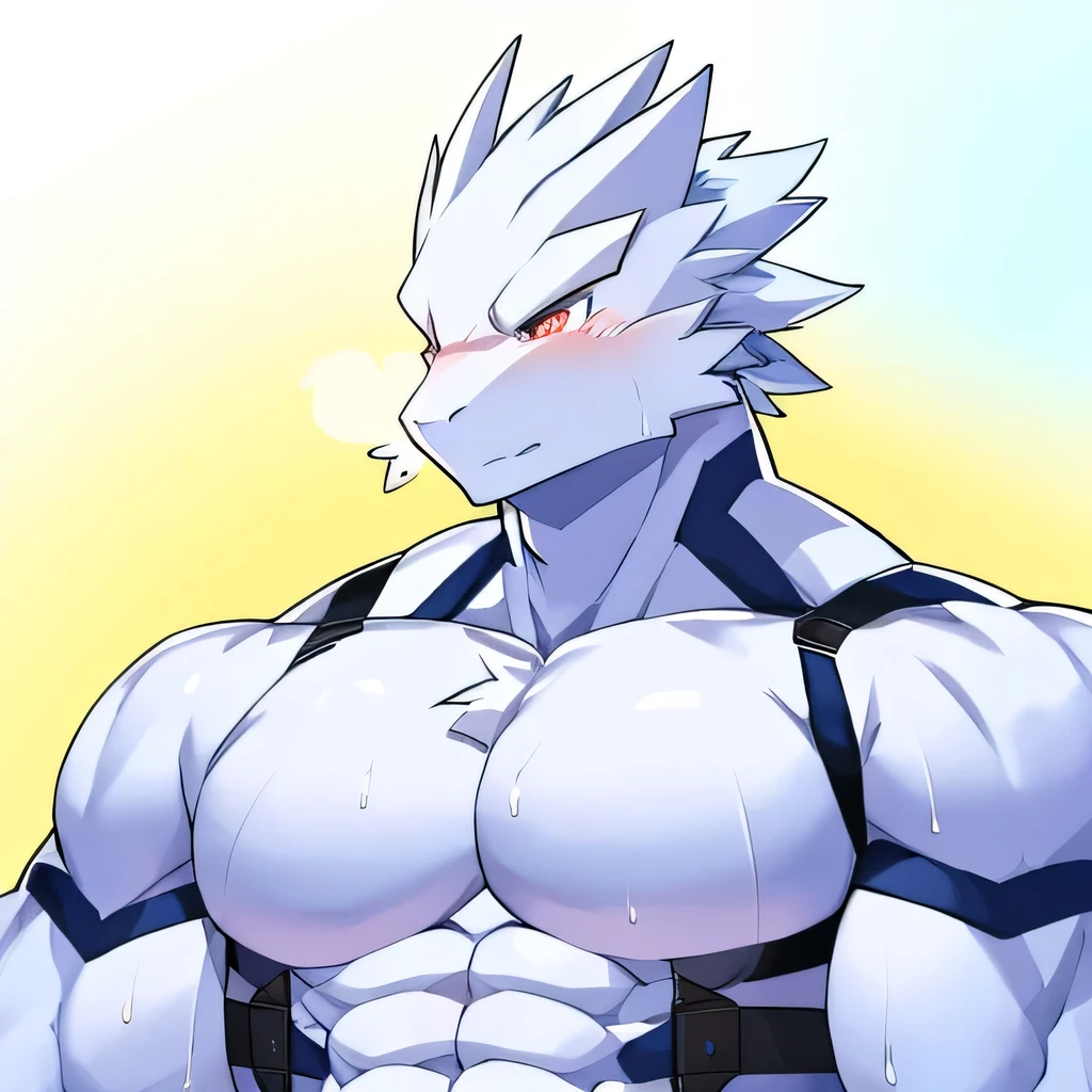Thin macho white dragon abs Hollow abs thick arms chest rig 、sweaty skin glow profile Wearily short of breath clenching one's back teeth Knees on the floor rubber suit