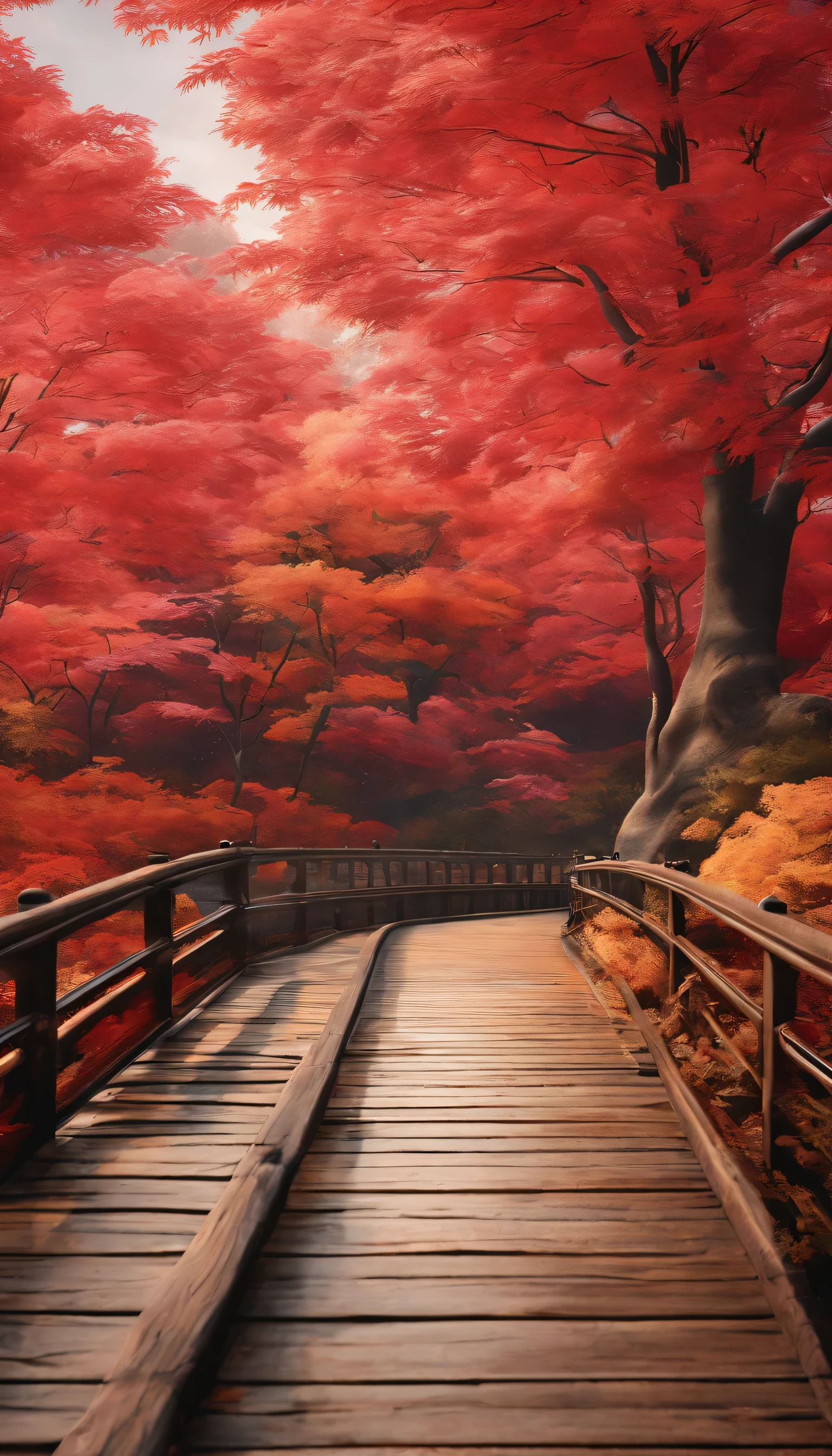 late autumn scenery,Some red leaves have white frost,Beautiful views,The heavens and the earth are pure,The vibrant colors of autumn,Everything was beautiful,The golden wind and dew reflect the dazzling light、Red Bridge
