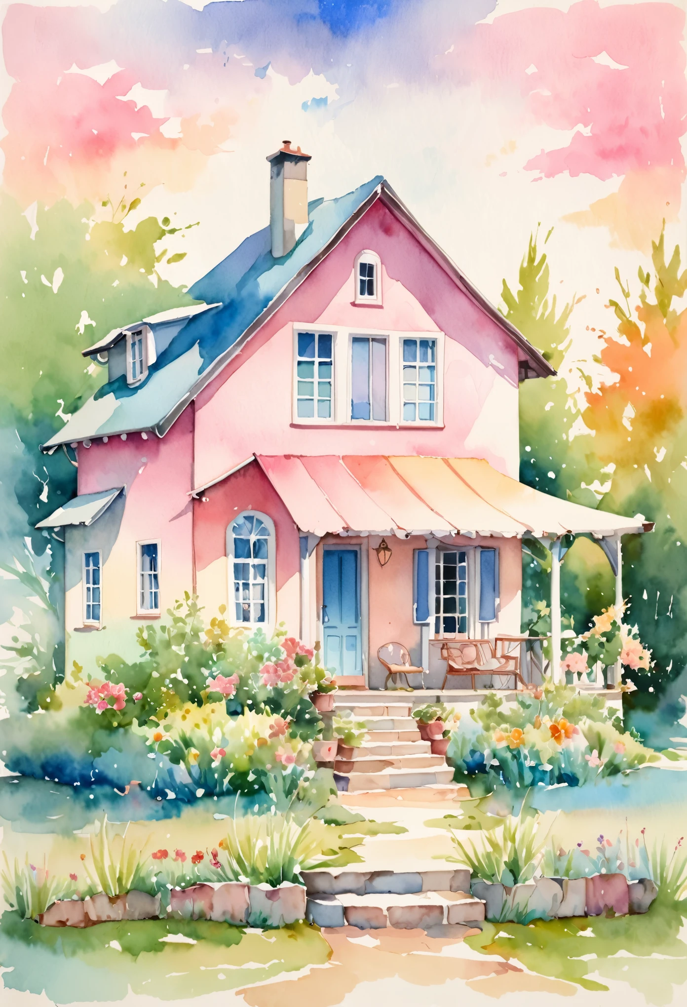 a bohemian watercolor painting of a house, pastel color palette, blue and pink gradients, award-winning watercolors, vintage, splashes