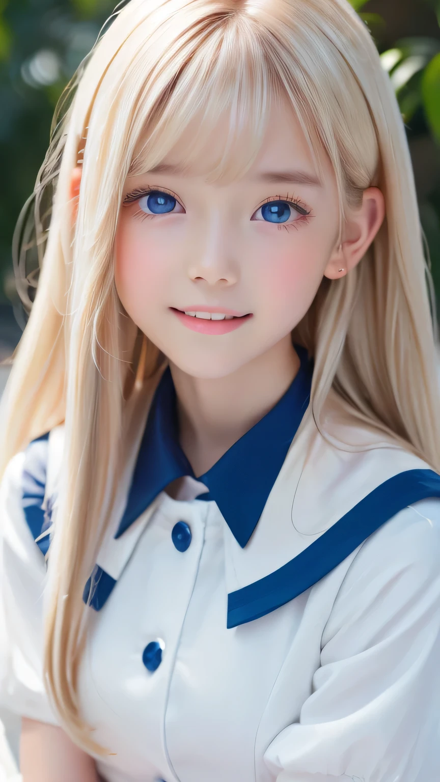 Portrait、、Sailor suit、Young shiny glossy bright white skin、Blonde reflection、Super long, natural platinum blonde hair with dazzling highlights、Bangs between the eyes、bangs that fall on the face、、Shiny bright hair,、Super long, silky straight hair、Shiny beautiful bangs、Sparkling crystal clear attractive big bright blue eyes、Very big eyes、Very beautiful, lovely and cute 16 year old girl、Ample Bust、Healthy glowing skin、Small Face Beauty、Round face
